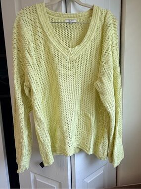 Z Supply Women’s Large Lemon Yellow Open Knit Cotton V-Neck Sweater lightweight